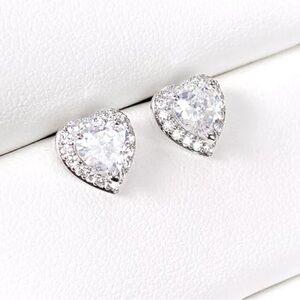 New Sterling Silver White Sapphires Halo Heart Studs